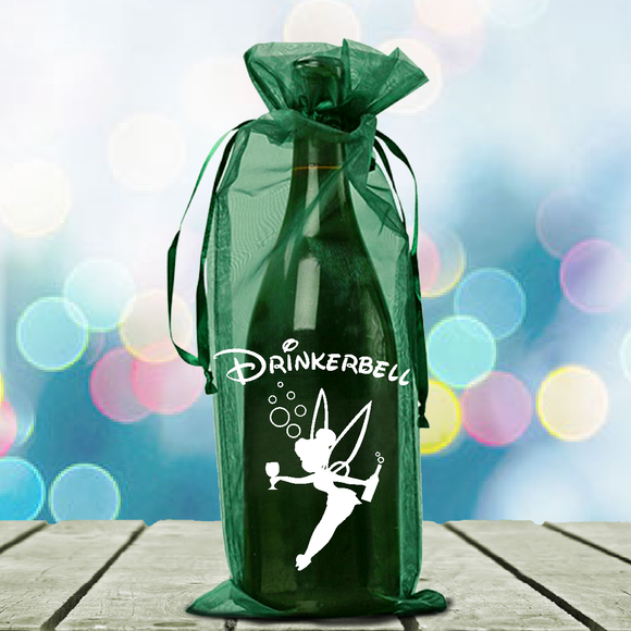 Drinkerbell Wine Bottle Gift Bag/ Organza Bottle Hostess Gift Bag/ Funny Disney Tinkerbell Girls Night Out Drawstring Wine Tote