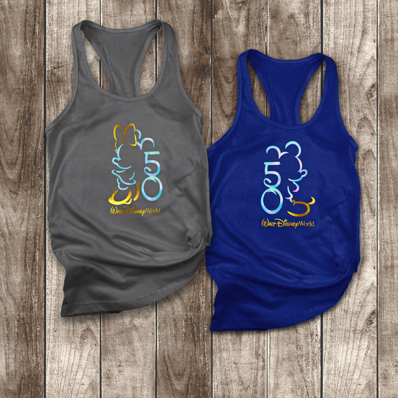 Disney 50th Anniversary Tanks/ EARidescent Holographic 50 Gold Mickey Mouse Or Minnie Mouse Vacation Tank Top