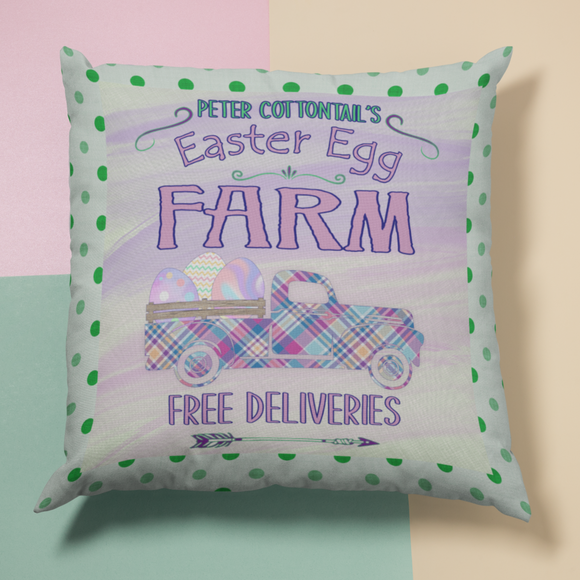 Easter Egg Pillow/ Peter Cottontail’s Farm Plaid Pastel Truck Sign With Green Polkadots Spring Décor