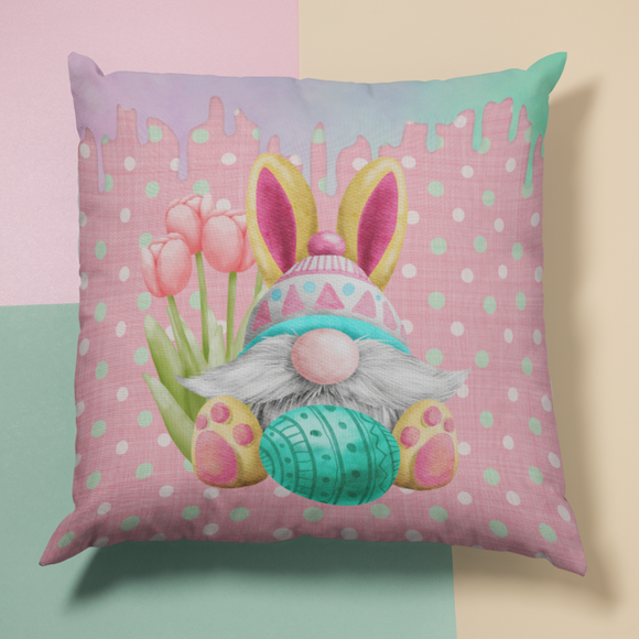 Easter Gnome Pillow/ Bunny Gnome With Tulips On Mint Polkadots And Watercolor Drips Spring Décor