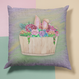 Easter Pillow/ Bunny Rabbit Ears Half Barrel And Flowers Spring Décor
