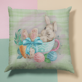 Easter Pillow/ Bunny Rabbit In Teacup With Carrot And Decorated Easter Eggs Spring Décor