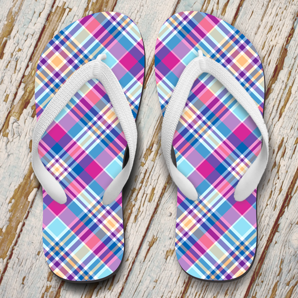 Easter Plaid Flip Flops/ Spring Blue Purple Plaid Summer Sandals