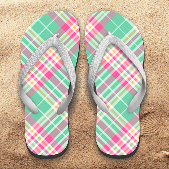 Easter Plaid Flip Flops/ Spring Green Lavender Plaid Summer Sandals