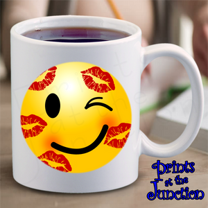 Emoji Coffee Mug Gift/ Emoji Kiss Face Ceramic Coffee Mug/ Cute Emoji With Lipstick Kisses Coffee Lover Mug/ Gifts For Him