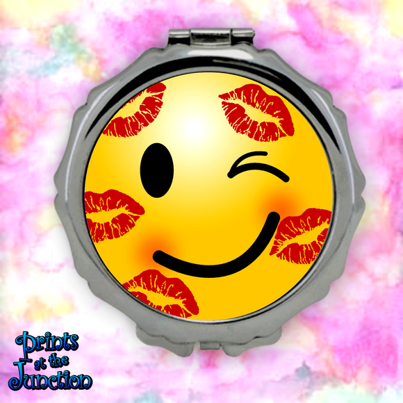 Emoji Compact Mirror/ Emoji Kiss Face Compact Purse Mirror/ Cute Emoji With Lipstick Kisses Travel Cosmetics/ Make Up Purse Mirror Gift