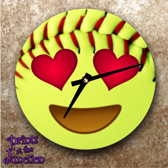 Softball Emoji Clock/ Softball Gift/ Softball Emoji Wall Clock/ Emoji Softball Face With Red Heart Eyes/ Softball Bedroom Wall Clock