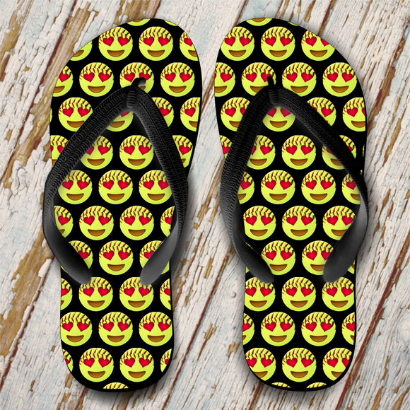 Softball Emoji Flip Flops/Softball Gift Flip Flops/Emoji Softball Face Flip Flops/Girls Softball Emoji Pattern Flip Flops/Softball Team Gift