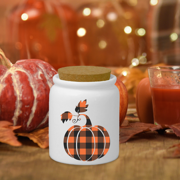 Plaid Pumpkin Ceramic Jar/ Thanksgiving Autumn Décor Creamer/ Sugar/ Spice Jar With Cork Lid Farmhouse Kitchen Gift