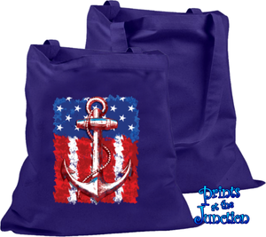 Nautical Anchor Tote Bag/ American Flag Canvas Tote/ Anchor And Flag Boat/ Beach/ Book/ Shopping Bag Gift/ Patriotic Summer Tote