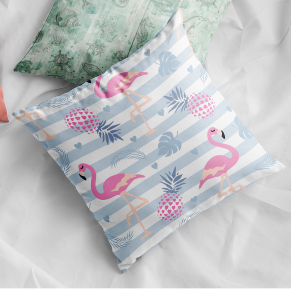 Flamingo Throw Pillow/ Striped Tropical Flamingo, Pineapple Leaves Pink And Dusty Blue Summer Décor