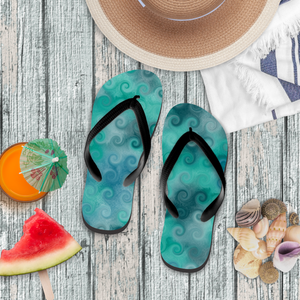 Nautical Flip Flops/ Blue Curled Ocean Waves Watercolor Illustration Coastal Tropical Beach Summer Sandals