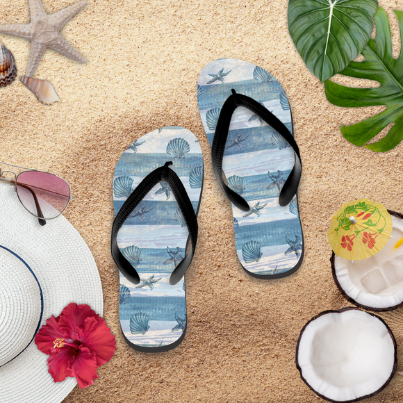 Nautical Flip Flops/ Blue Stripe Watercolor Seashell Illustration Coastal Tropical Beach Summer Sandals