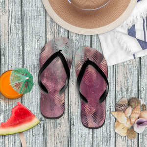 Tropical Flip Flops/ Black, Purple, Blue And Rose Gold Palm Fronds Beach Summer Sandals