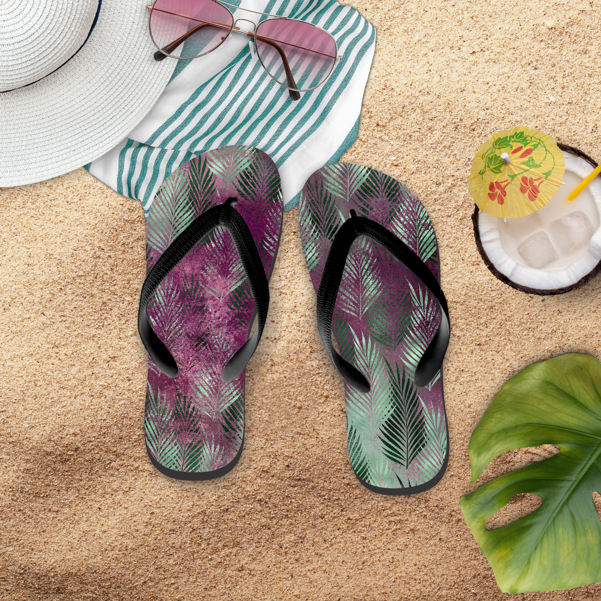 Tropical Flip Flops/ Black, Purple, Blue And Emerald Green Palm