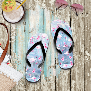 Flamingos Flip Flops/ Tropical Leaves Watercolor Pink Flamingos, Hibiscus Coastal Beach Summer Sandals