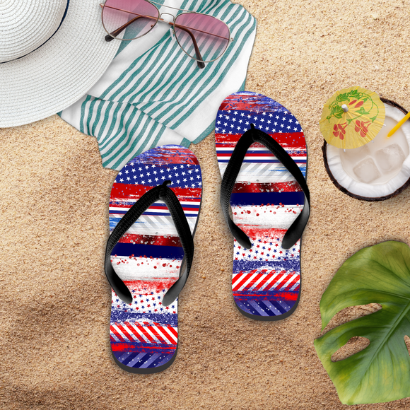 4th Of July Flip Flops/ Red, White And Blue Stars And Stripes Glitter Glam Patriotic Summer Sandals