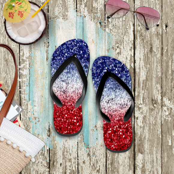 4th Of July Flip Flops/ Red, White And Blue Ombre Glitter Glam Patriotic Summer Sandals