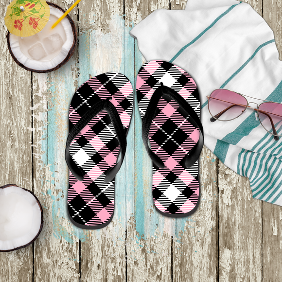 Plaid Flip Flops/ Pink, Black and White Beach Summer Sandals