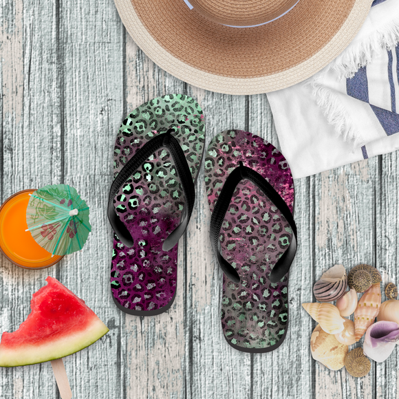 Animal Print Flip Flops/ Purple, Pink, Green And Black Leopard Print Distressed Glam Beach Summer Sandals