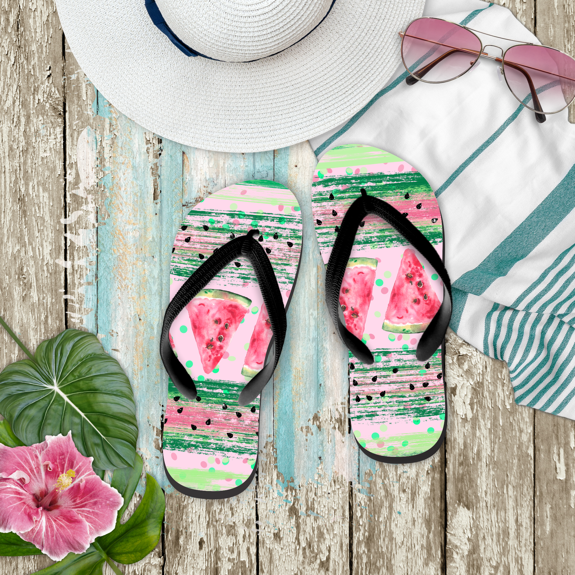 Watermelon Flip Flops/ Pink Green Brushstrokes And Polkadots