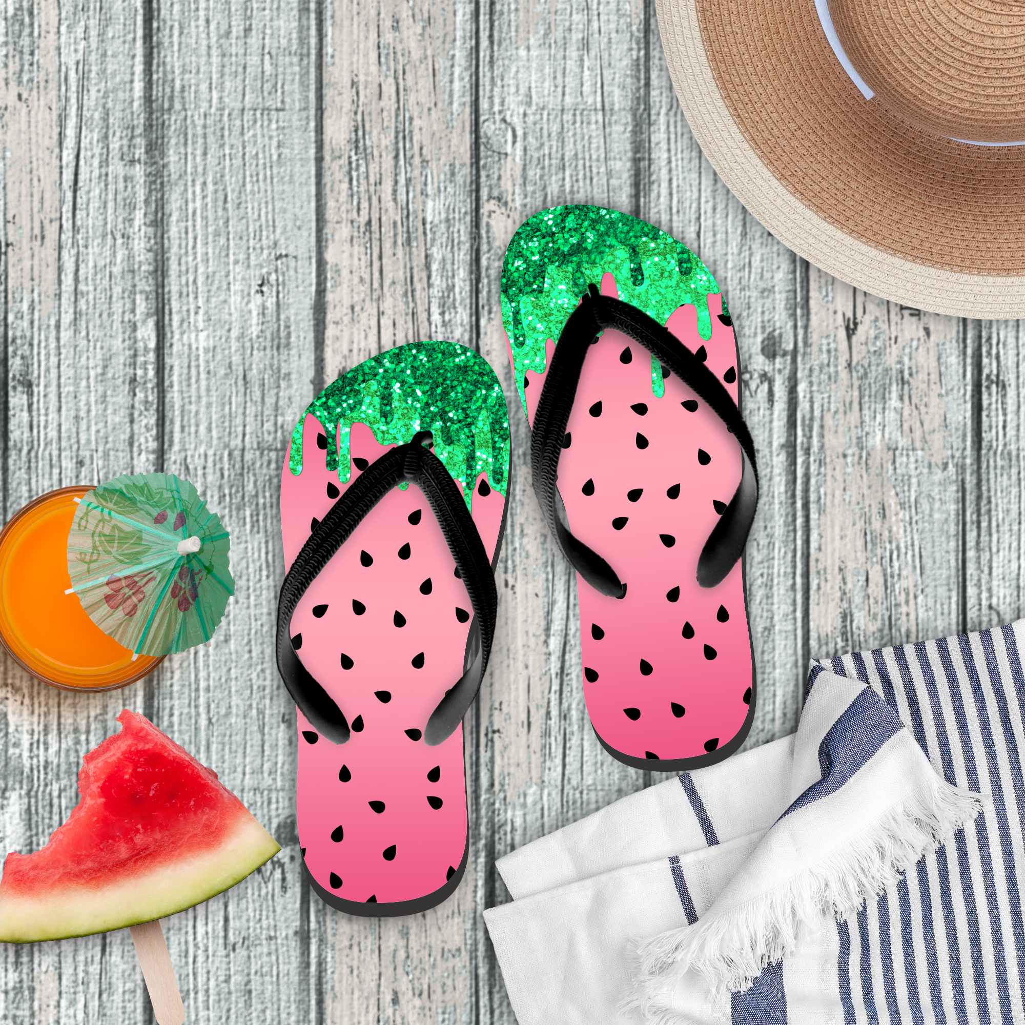 Watermelon Flip Flops/ Pink Green Brushstrokes And Polkadots Watermelo – Jin  Jin Junction