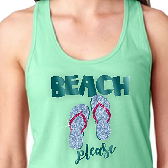 Beach Flip Flop Glitter Tank Top/ Beach Please Tropical Tank/ Glitter Aqua Blue Flip Flop Women’s Summer Vacation Beach Tank Top