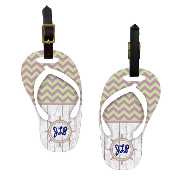 Monogrammed Nautical Chevron Wood Flip Flop Bag Tag/ Personalized Summer Beach Flip Flop Luggage Tag/  Flip Flop Shaped Travel Bag Tag