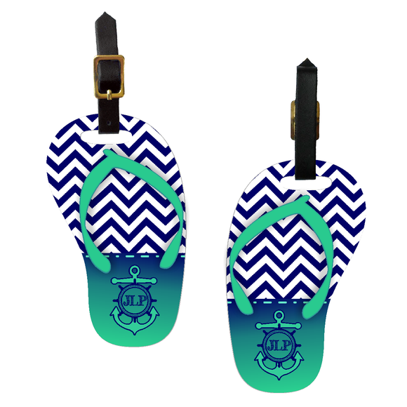 Monogrammed Nautical Chevron Flip Flop Bag Tag/ Personalized Summer Beach Flip Flop Luggage Tag/  Flip Flop Shaped Travel Bag Tag