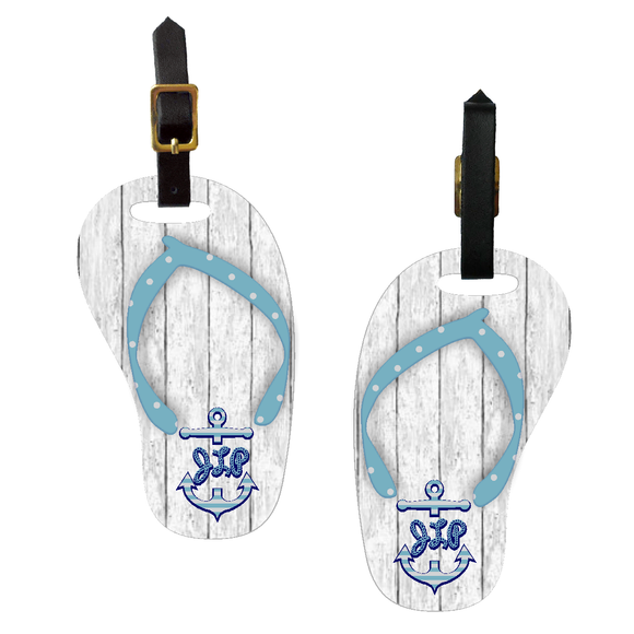 Monogrammed Nautical Beach Wood Flip Flop Bag Tag/ Personalized Polkadot Wood Plank Luggage Tag/  Flip Flop Shaped Travel Bag Tag