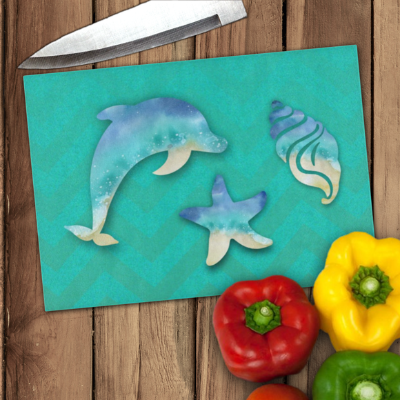 Beach Dolphin Seashells Glass Cutting Board/ Nautical Watercolor Ocean Life Chevron Kitchen Décor Gift