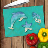 Beach Dolphin Seashells Glass Cutting Board/ Nautical Watercolor Ocean Life Chevron Kitchen Décor Gift