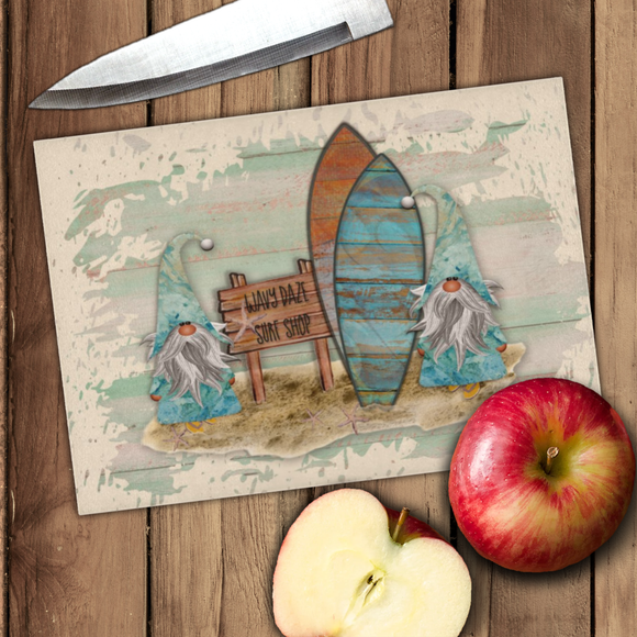 Gnome Cutting Board/ Blue Watercolor Surfing Beach Gnomes Kitchen Décor Gift