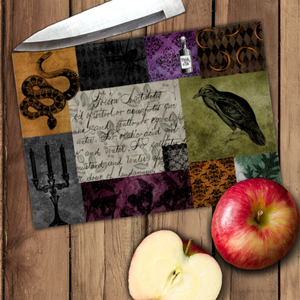 Halloween Gothic Glass Cutting Board/ Medieval Spooky Apothecary Art Patchwork Kitchen Décor Gift