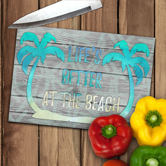 Beach Palm Trees Glass Cutting Board/ Rustic Wood Starfish Life’s Better At The Beach Kitchen Décor Gift