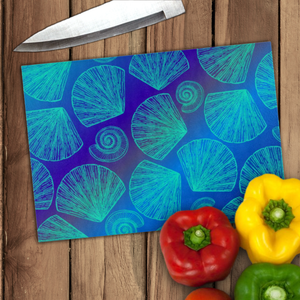 Beach Seashells Glass Cutting Board/ Mint Seashell Collection On Blue Background Kitchen Décor Gift