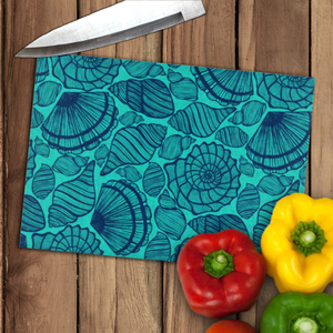 Beach Seashells Glass Cutting Board/ Navy Blue Seashell Collection On Teal Kitchen Décor Gift