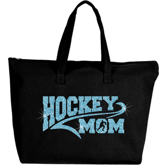 Hockey Mom Gift/ Hockey Mom Tote Bag/ Glitter Ice Blue Hockey Mom Large Zipper Tote Bag