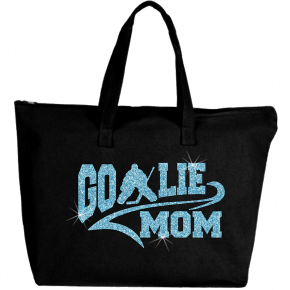 Hockey Mom Gift/ Hockey Goalie Mom Tote Bag/ Glitter Ice Blue Hockey Goalie Mom Large Zipper Tote Bag