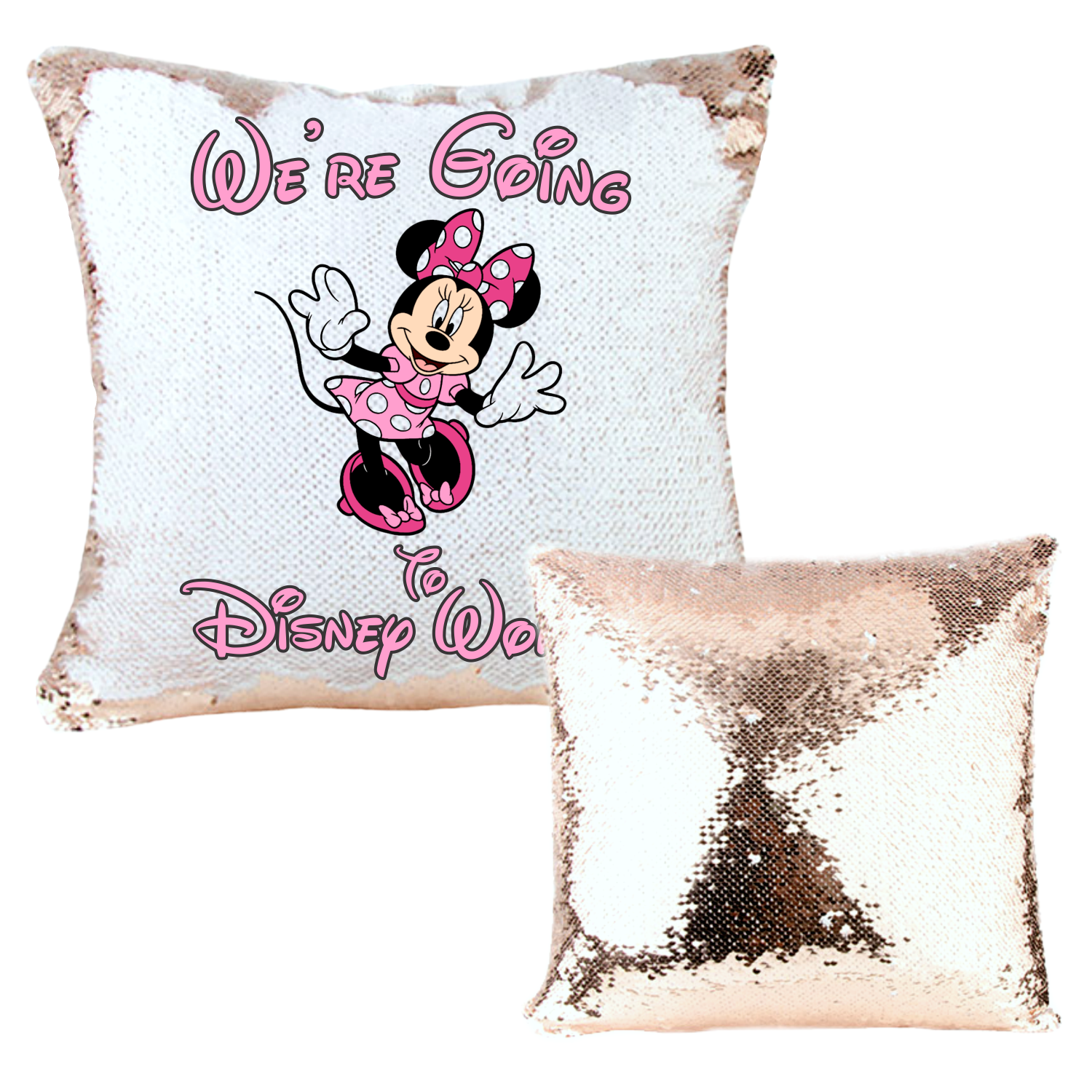 Custom Disney Vacation Reveal Rose Gold Sequin Pillow/ We're Going To – Jin  Jin Junction