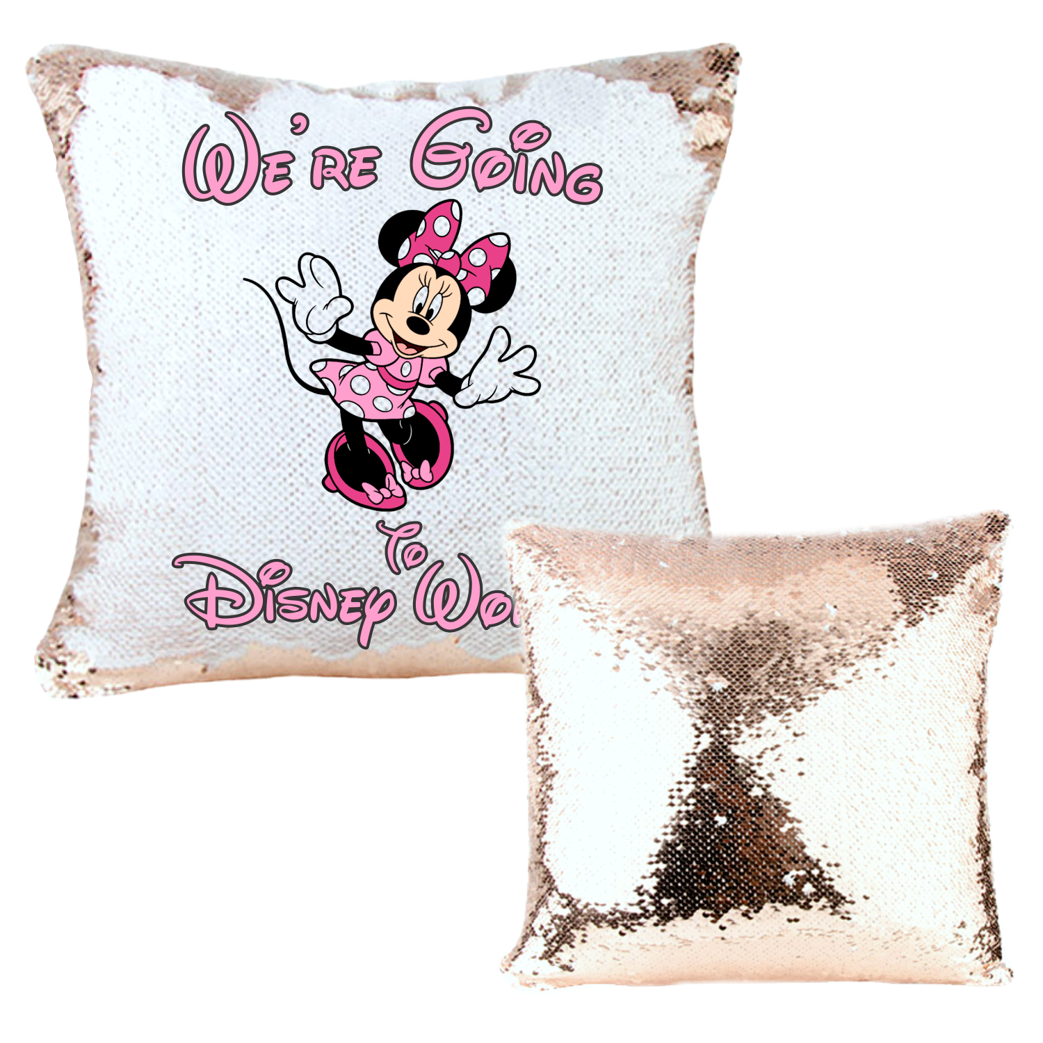 Custom Disney Vacation Reveal Rose Gold Sequin Pillow We re Going To Jin Jin Junction