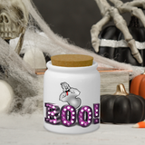 Halloween Candy Ceramic Jar/ Purple Marquee Letter Lights BOO! With Funny Ghost Sugar/ Tiered Tray Jar Décor With Cork Lid Kitchen Gift