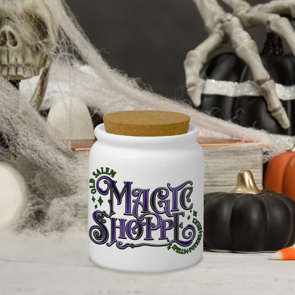 Halloween Candy Ceramic Jar/ Hocus Pocus Old Salem Magic Shoppe Coffee Sugar/ Tiered Tray Décor With Cork Lid Kitchen Gift