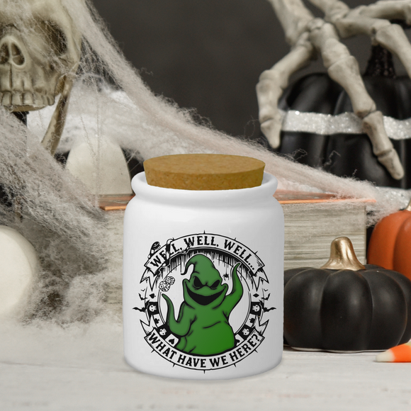 Oogie Boogie Halloween Jar/ Nightmare Before Christmas Ceramic Creamer/ Sugar/ Spice/ Apothecary Jar With Cork Lid Kitchen Gift