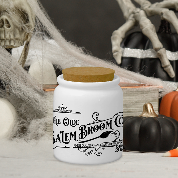 Halloween Décor Ceramic Jar/ Salem Broom Company Sign Creamer/ Sugar/ Spice/ Apothecary Jar With Cork Lid Kitchen Gift