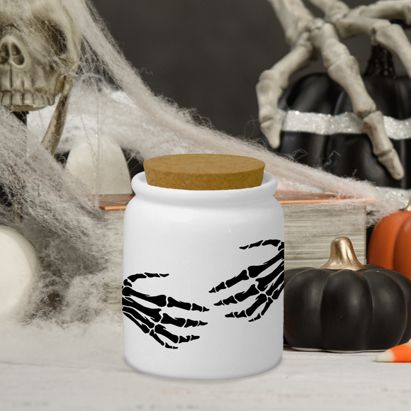 Halloween Décor Ceramic Jar/ Skeleton Hands Creamer/ Sugar/ Spice/ Apothecary Jar With Cork Lid Kitchen Gift