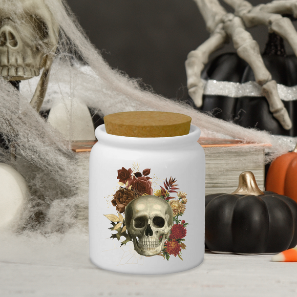 Halloween Décor Ceramic Jar/ Gothic Skull And Fall Flowers Creamer/ Sugar/ Spice/ Apothecary Jar With Cork Lid Kitchen Gift