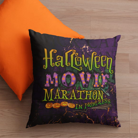 Halloween Pillow/ Halloween Movie Marathon In Progress Purple Orange Marquee Letter Lights On Purple Typography Decor