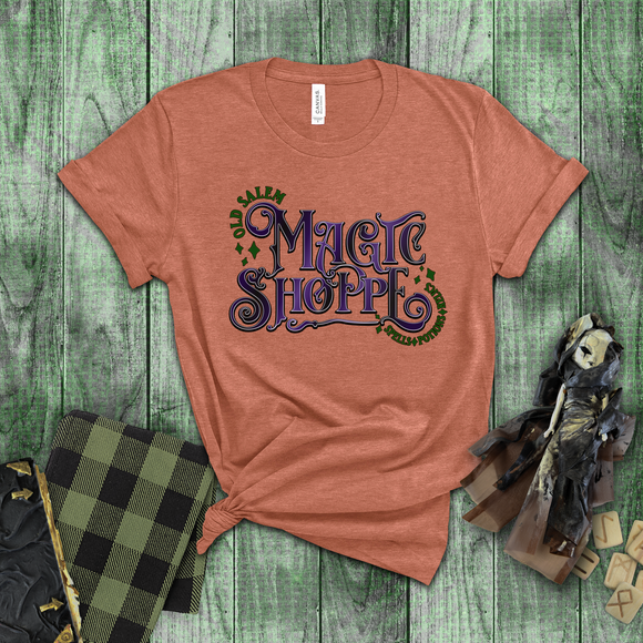 Halloween Shirts/ Purple And Green Old Salem Magic Shoppe Sign T Shirts