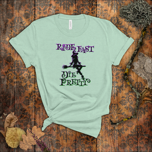 Halloween Sexy Witch Shirts/ Gothic Glam Ride Fast Die Pretty Neon Purple Green Witch On Broom T-Shirt